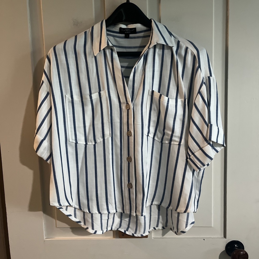 Velvet Heart Womens Small White Blue Striped Button Down Linen  Shirt Nautical